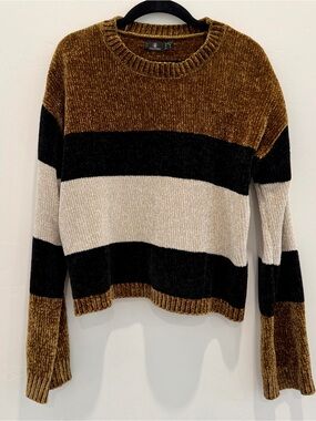 Volcom Striped Crewneck Sweater in Brown, Black & Cream